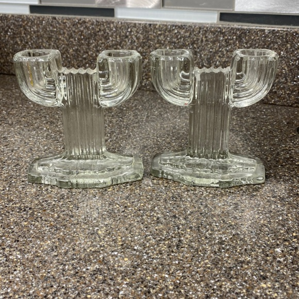 2 ANCHOR HOCKING‎ QUEEN MARY CACTUS DOUBLE CANDLE HOLDERS VINTAGE PRESSED